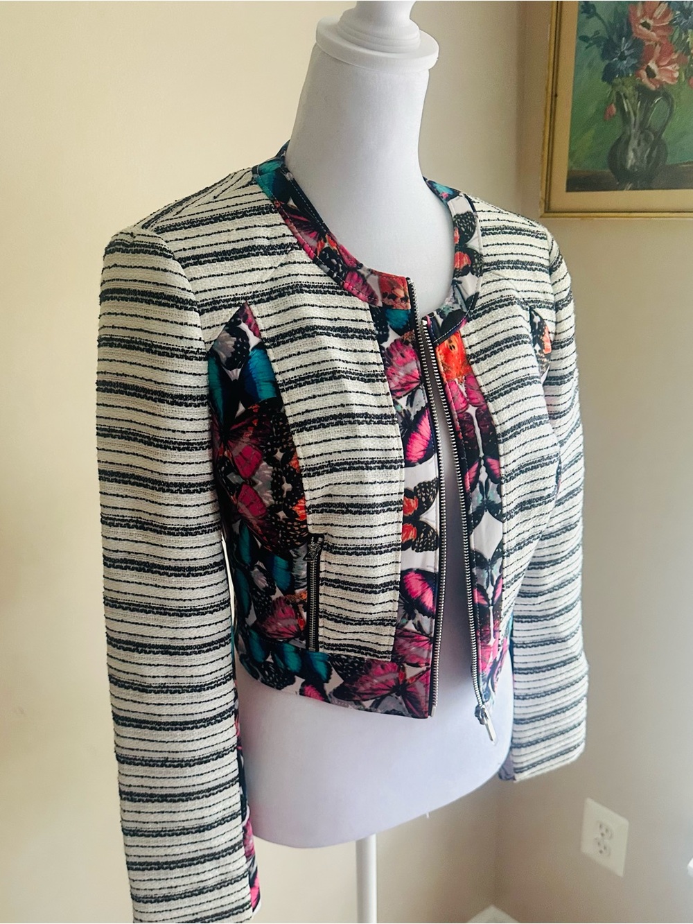 bebe Black & White Striped Tweed Top Jacket with Multicolor butterfly Trim 4